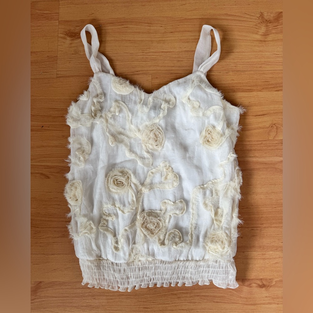 Vintage 90s Heart Soul ivory spaghetti strap tank w rosettes, smocked hem Medium